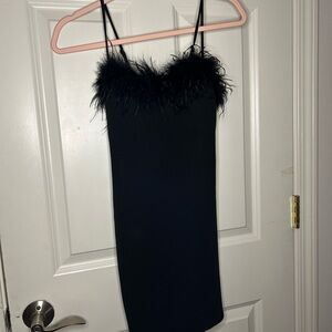 Elegant Black Feather Trim Dress